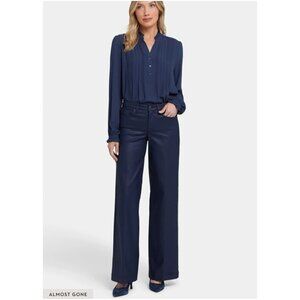 NYDJ Teresa Wide-Leg Faux Leather Pants navy button zip 5 pockets sz 12 starless